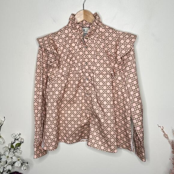 TUCKERNUCK Petal Cane Winnie Blouse Ruffle Pink Tan Sz M {3Z11} - Picture 3 of 6